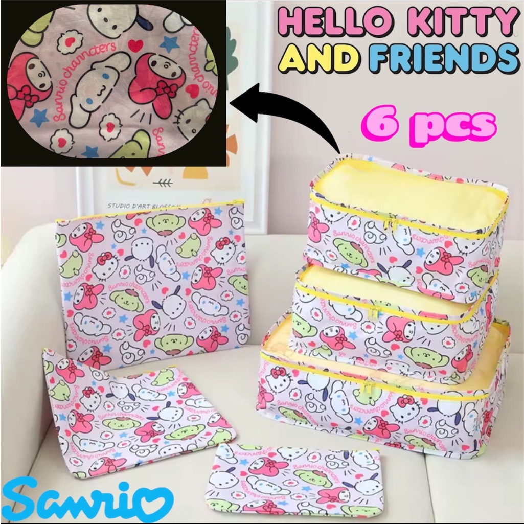 6pc Sanrio Water-Resistant Travel Cube Storage Bags Underwear Shoes Hello Kitty